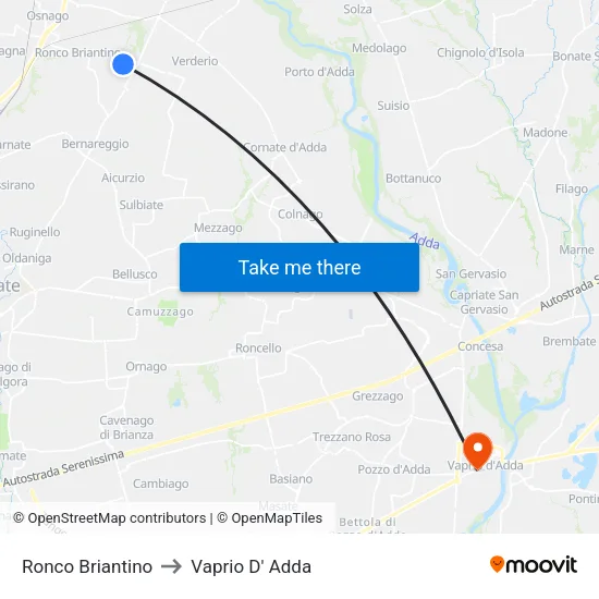 Ronco Briantino to Vaprio D' Adda map