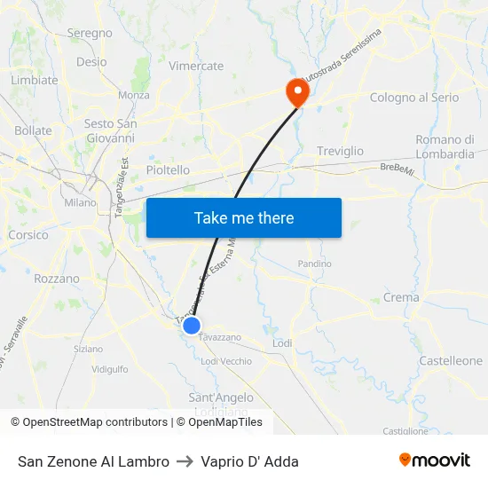San Zenone Al Lambro to Vaprio D' Adda map