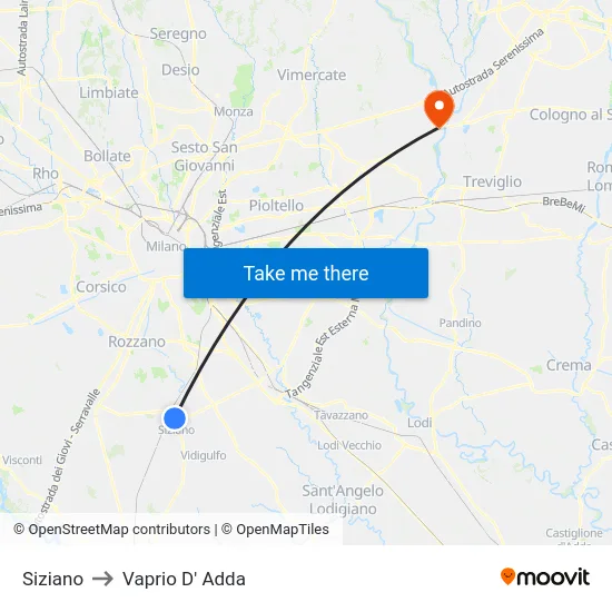 Siziano to Vaprio D' Adda map