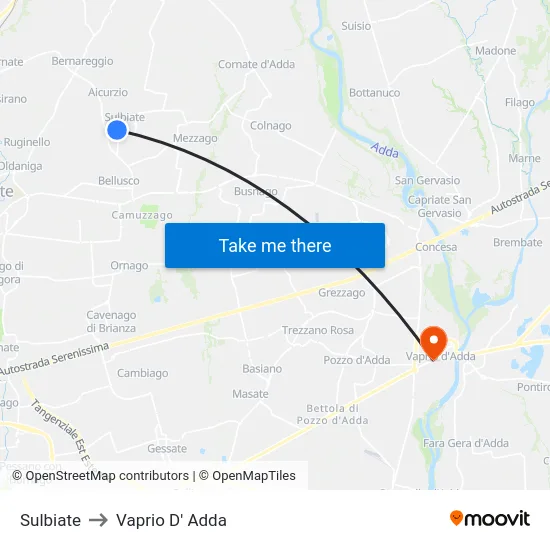 Sulbiate to Vaprio d'Adda map