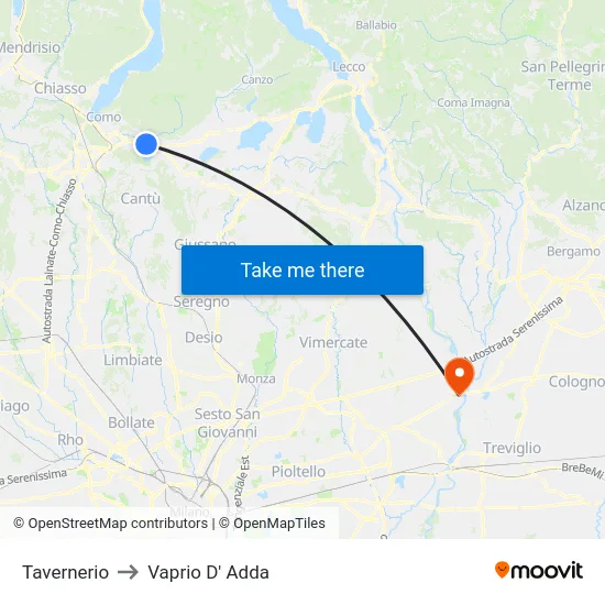 Tavernerio to Vaprio D' Adda map