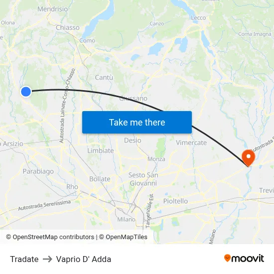 Tradate to Vaprio D' Adda map