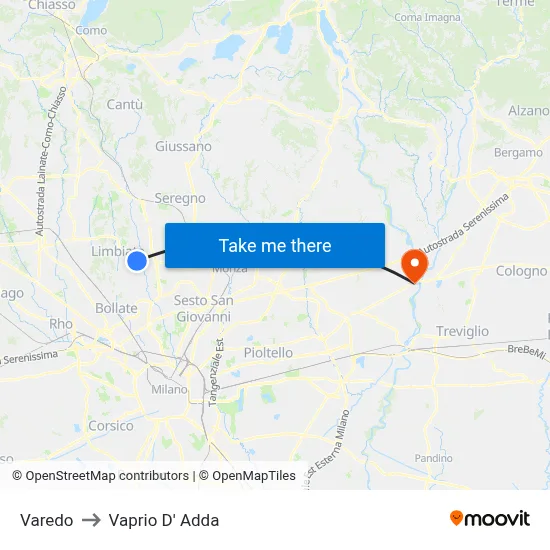 Varedo to Vaprio D' Adda map