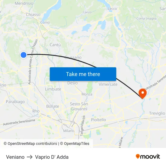Veniano to Vaprio D' Adda map