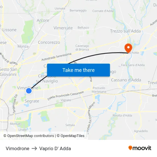 Vimodrone to Vaprio D' Adda map