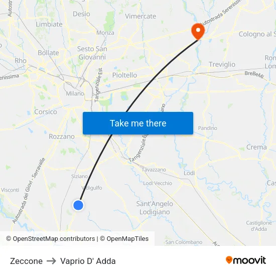 Zeccone to Vaprio D' Adda map