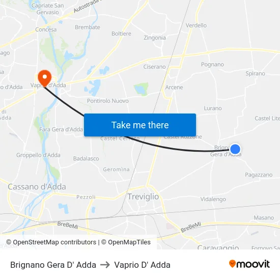 Brignano Gera D' Adda to Vaprio D' Adda map