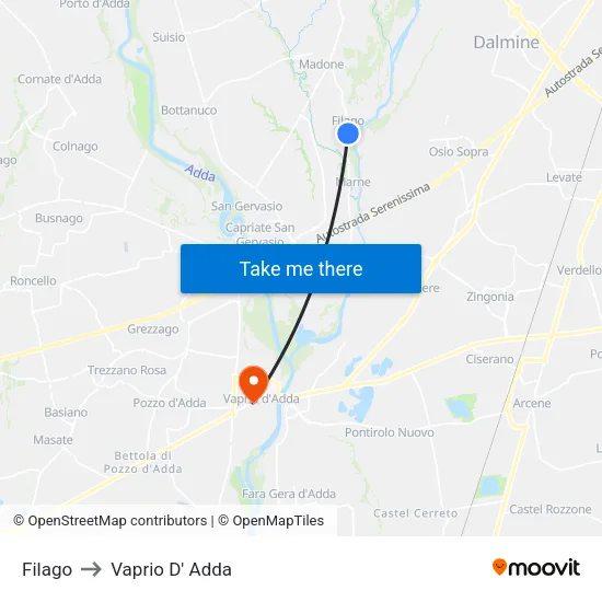 Filago to Vaprio D' Adda map