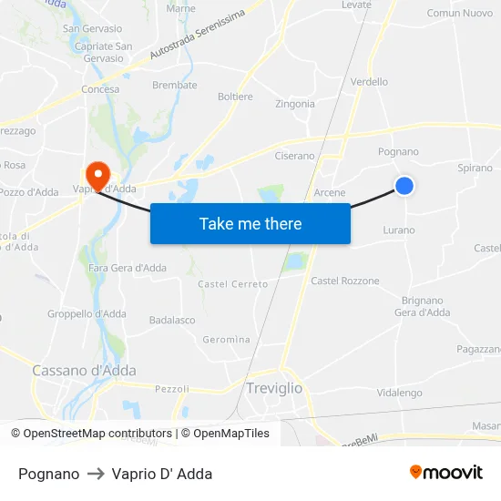 Pognano to Vaprio D' Adda map
