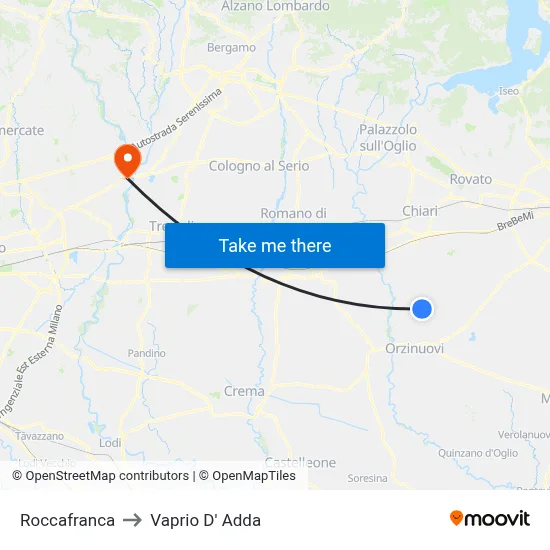 Roccafranca to Vaprio D' Adda map