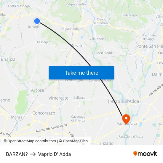 Barzan to Vaprio d'Adda map