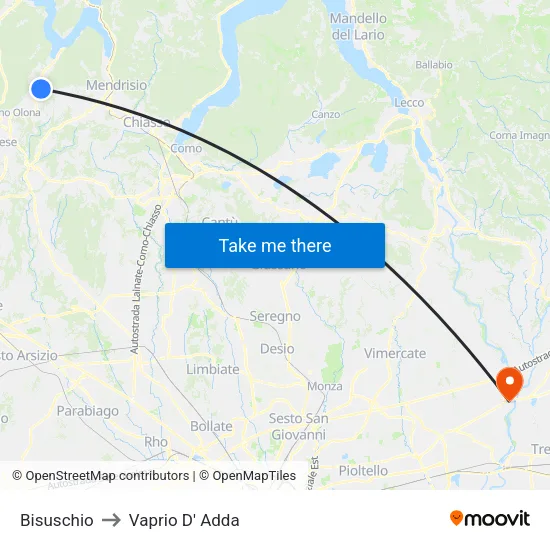 Bisuschio to Vaprio D' Adda map