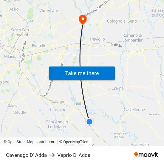 Cavenago D' Adda to Vaprio D' Adda map