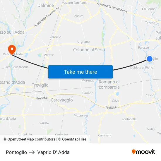 Pontoglio to Vaprio D' Adda map