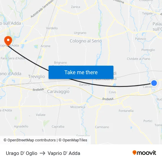 Urago D' Oglio to Vaprio d'Adda map