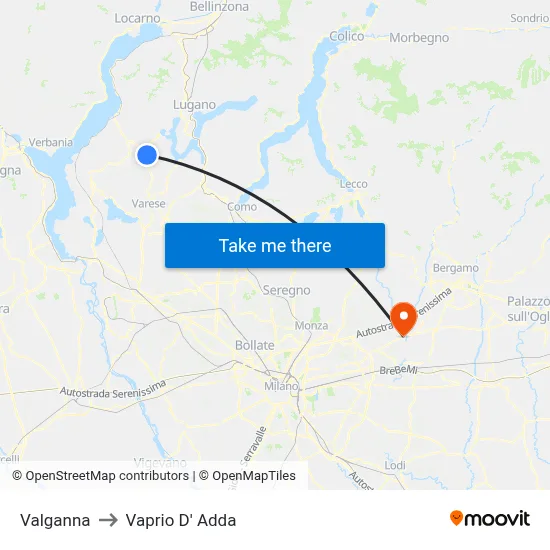 Valganna to Vaprio d'Adda map