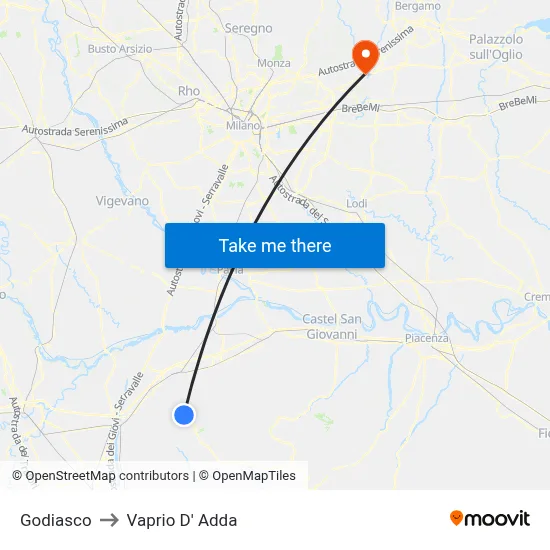 Godiasco to Vaprio d'Adda map