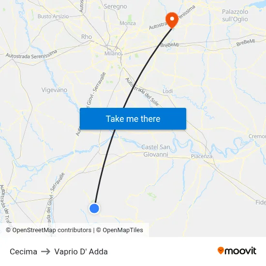 Cecima to Vaprio d'Adda map