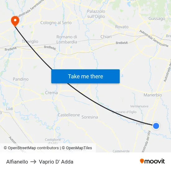 Alfianello to Vaprio d'Adda map