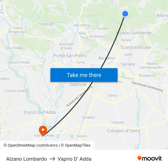 Alzano Lombardo to Vaprio D' Adda map