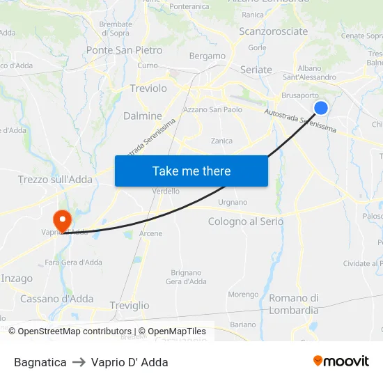 Bagnatica to Vaprio D' Adda map