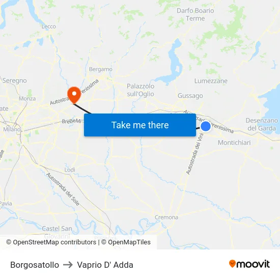 Borgosatollo to Vaprio D' Adda map
