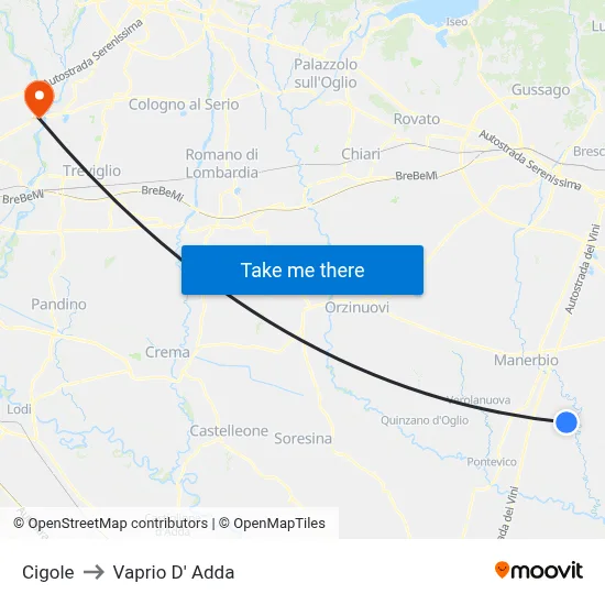 Cigole to Vaprio d'Adda map