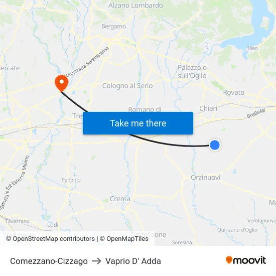 Comezzano-Cizzago to Vaprio d'Adda map