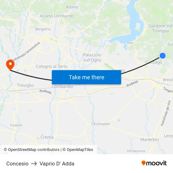 Concesio to Vaprio d'Adda map