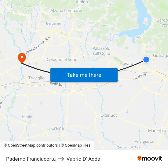 Paderno Franciacorta to Vaprio D' Adda map