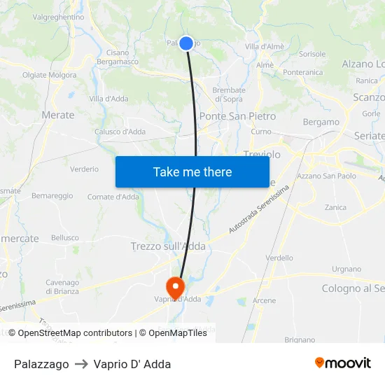 Palazzago to Vaprio D' Adda map