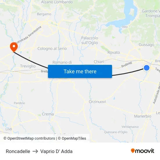 Roncadelle to Vaprio D' Adda map