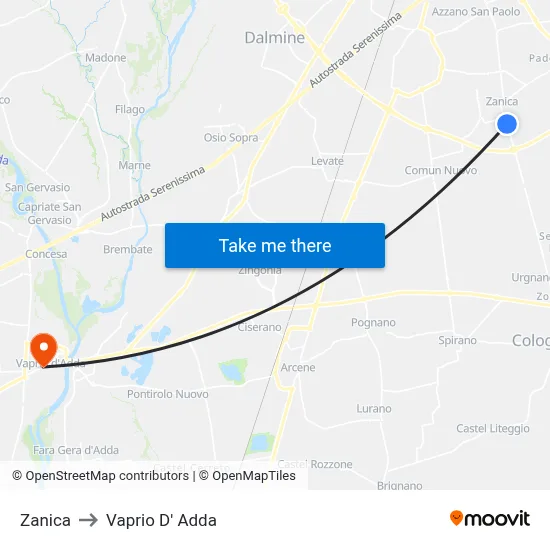 Zanica to Vaprio D' Adda map