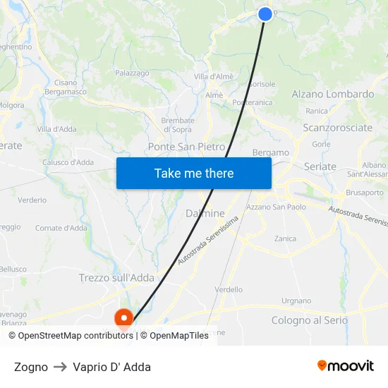 Zogno to Vaprio D' Adda map