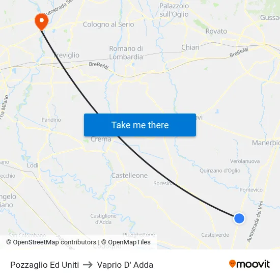 Pozzaglio Ed Uniti to Vaprio D' Adda map