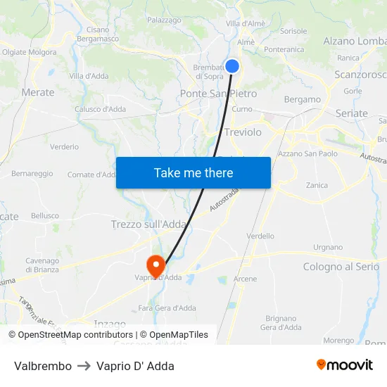 Valbrembo to Vaprio D' Adda map