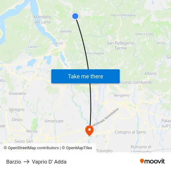 Barzio to Vaprio D' Adda map