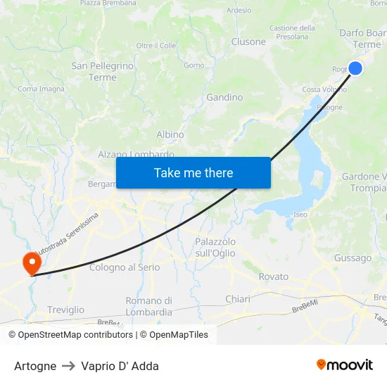 Artogne to Vaprio D' Adda map