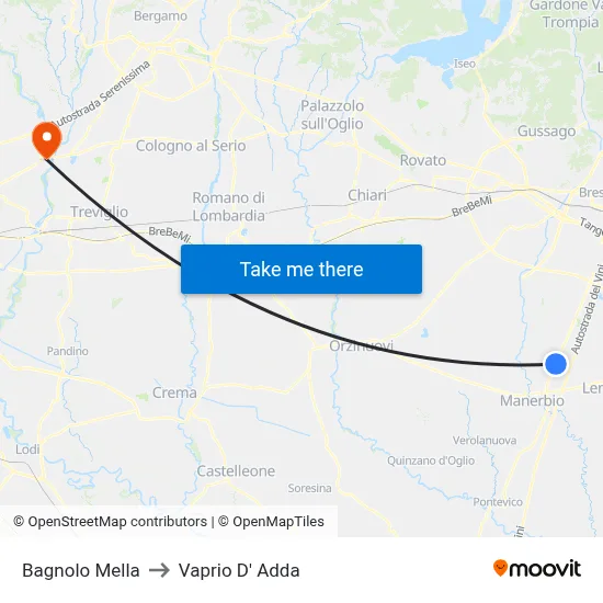 Bagnolo Mella to Vaprio D' Adda map