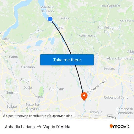 Abbadia Lariana to Vaprio D' Adda map