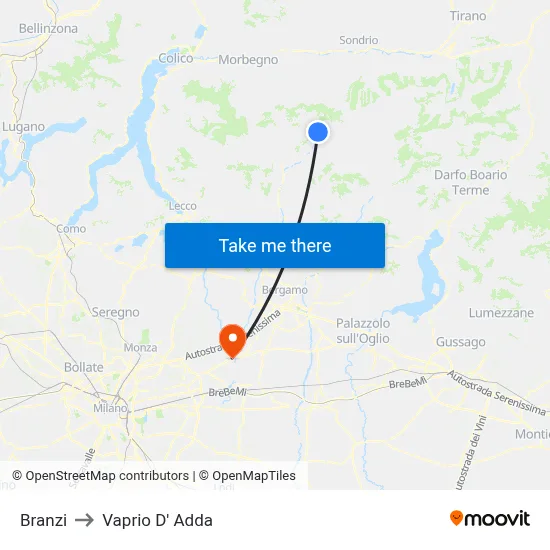 Branzi to Vaprio D' Adda map