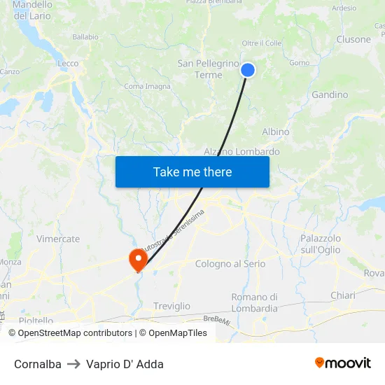 Cornalba to Vaprio D' Adda map