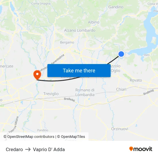 Credaro to Vaprio d'Adda map