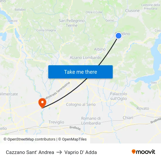 Cazzano Sant' Andrea to Vaprio d'Adda map
