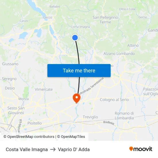 Costa Valle Imagna to Vaprio d'Adda map
