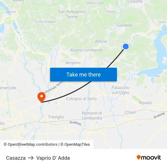 Casazza to Vaprio D' Adda map