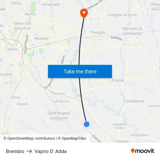 Brembio to Vaprio D' Adda map