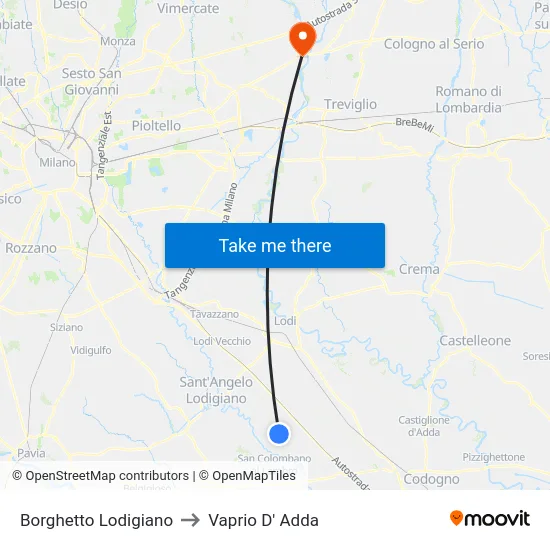 Borghetto Lodigiano to Vaprio D' Adda map