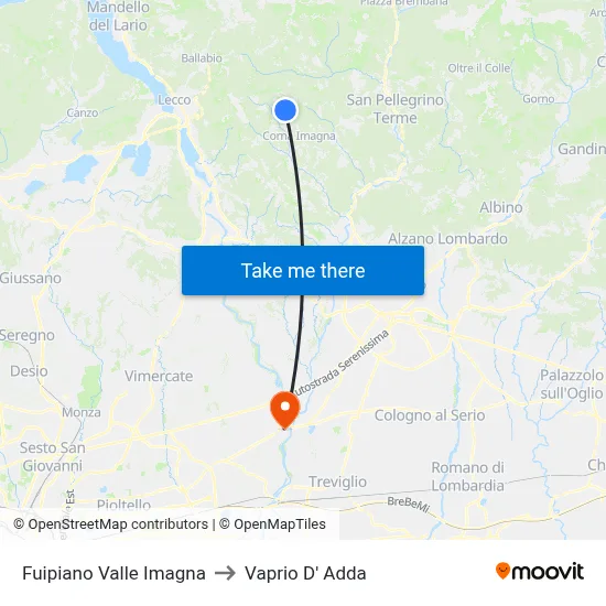 Fuipiano Valle Imagna to Vaprio d'Adda map