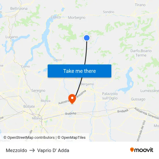 Mezzoldo to Vaprio d'Adda map